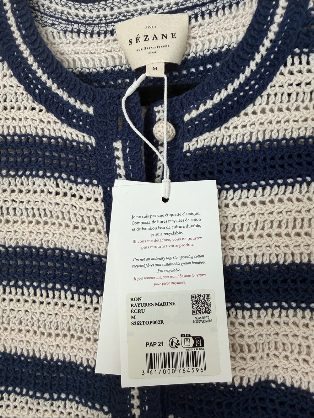 Sezane Navy and Cream Striped Crochet Button-Front Tank - Picture 6 of 7